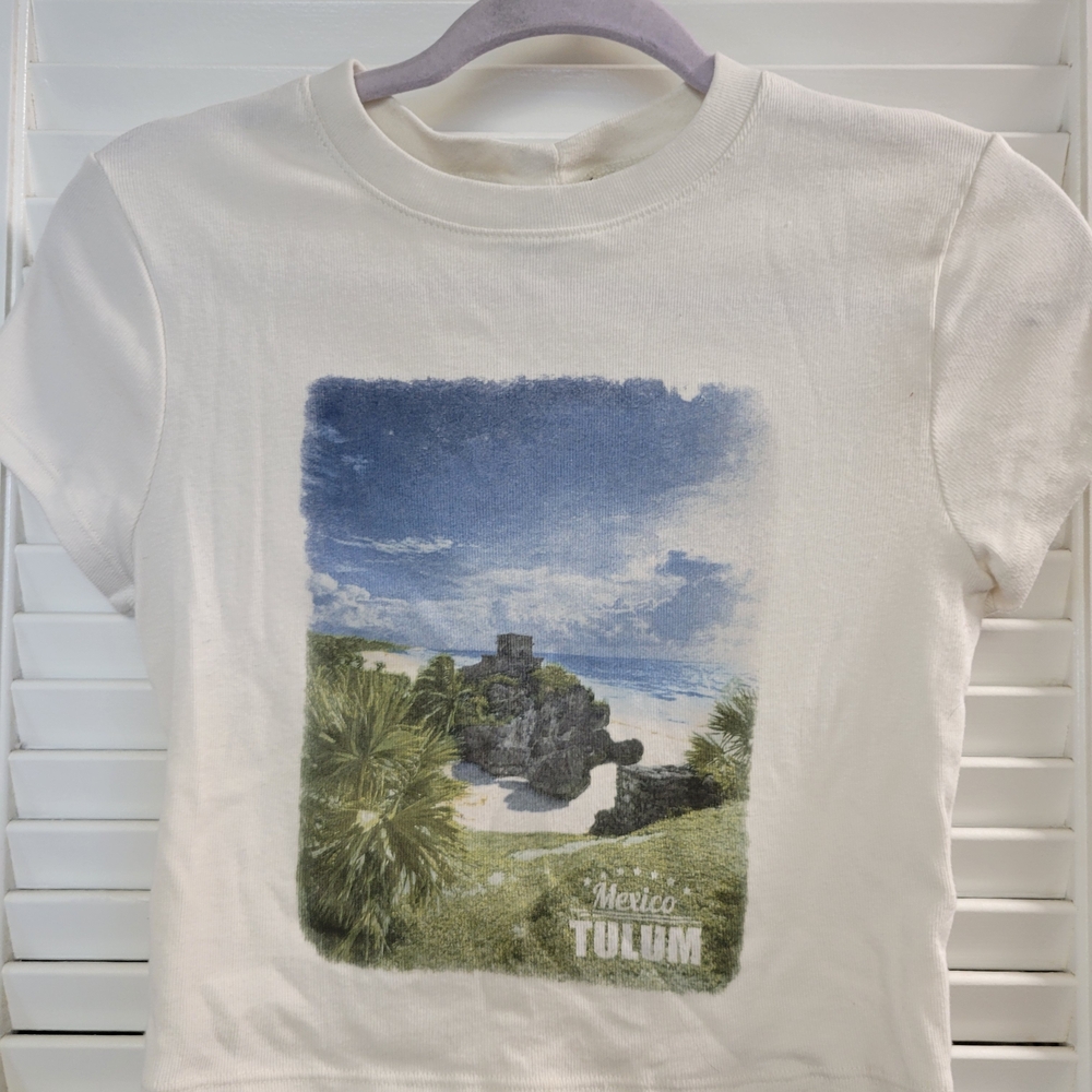 Windsor Cream Graphic Crop Top with Blue & Green Scenic Print